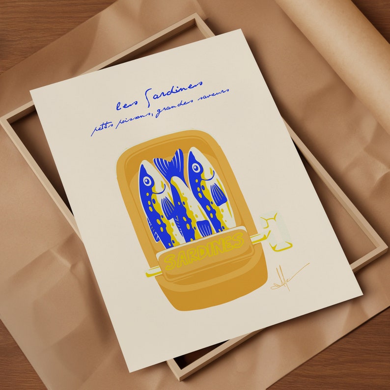 tin fish sardine art print, italian sardine print, food illustration art print, gift for foodie,gift for chef, vintage food art print, mid century modern, retro food print