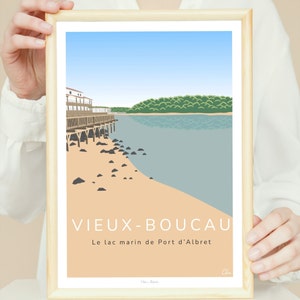 Cartel "El lago de Port d'Albret", Vieux-Boucau / Cartel de las Landas / Cartel de la costa de las Landas / Ilustración de la playa de las Landas / Regalo de viaje de las Landas