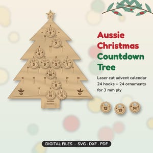 Archivo de corte láser para calendario de Adviento, árbol de Navidad australiano con cuenta regresiva en formato SVG DXF, madera contrachapada de 3 mm, 24 ganchos y adornos numéricos, Decora un día