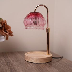 May include: A table lamp featuring a pink glass shade and a gold-coloured metal frame. The lamp has a wooden base and a curved arm. A bouquet of flowers in a white vase is in the background.
