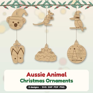 Aussie Animal Christmas Ornament SVG DXF Laser Cut Files, Koala Kangaroo Kookaburra Thongs Pavlova, Australian Christmas Bauble Set