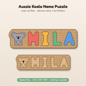 Koala Name Puzzle SVG Laser Cut File, Aussie Animal Personalised Wooden Name Puzzle for Kids, DXF PDF, 3mm 6mm, Font Free Letters