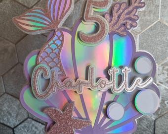 Adorno para tarta con forma de sirena, concha marina, cartulina rosa y holográfica