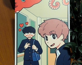 May include: A rectangular art print featuring a cartoon illustration of two individuals in school uniforms. One individual with pink hair is in the foreground, while another with dark hair and a blue bag stands behind with red hearts floating nearby.