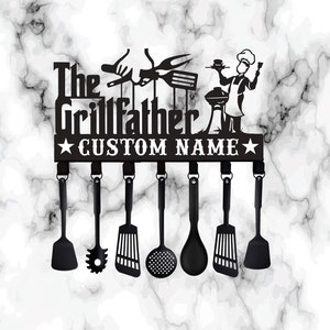 Aangepaste GrillMaster metalen sleutelhanger - hangrek grillgereedschap - haakrek achternaam - achtertuin grilldecor thuis - Vaderdagcadeau