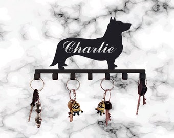 Aangepaste Corgi Lead Leash sleutel haak houder, gepersonaliseerde hond metalen sleutelhouder, hond sleutelhouder, entree kapstokken, aangepaste metalen sleutelhanger