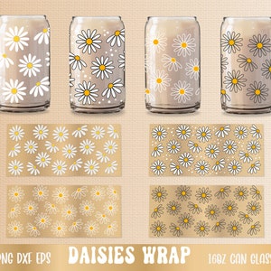 Fleurs de Marguerite PNG SVG, emballage de 16 oz en verre Libbey, svg en couches, sublimation png, fichier de coupe de fleurs de canette de verre, conception rétro daisy wrap svg
