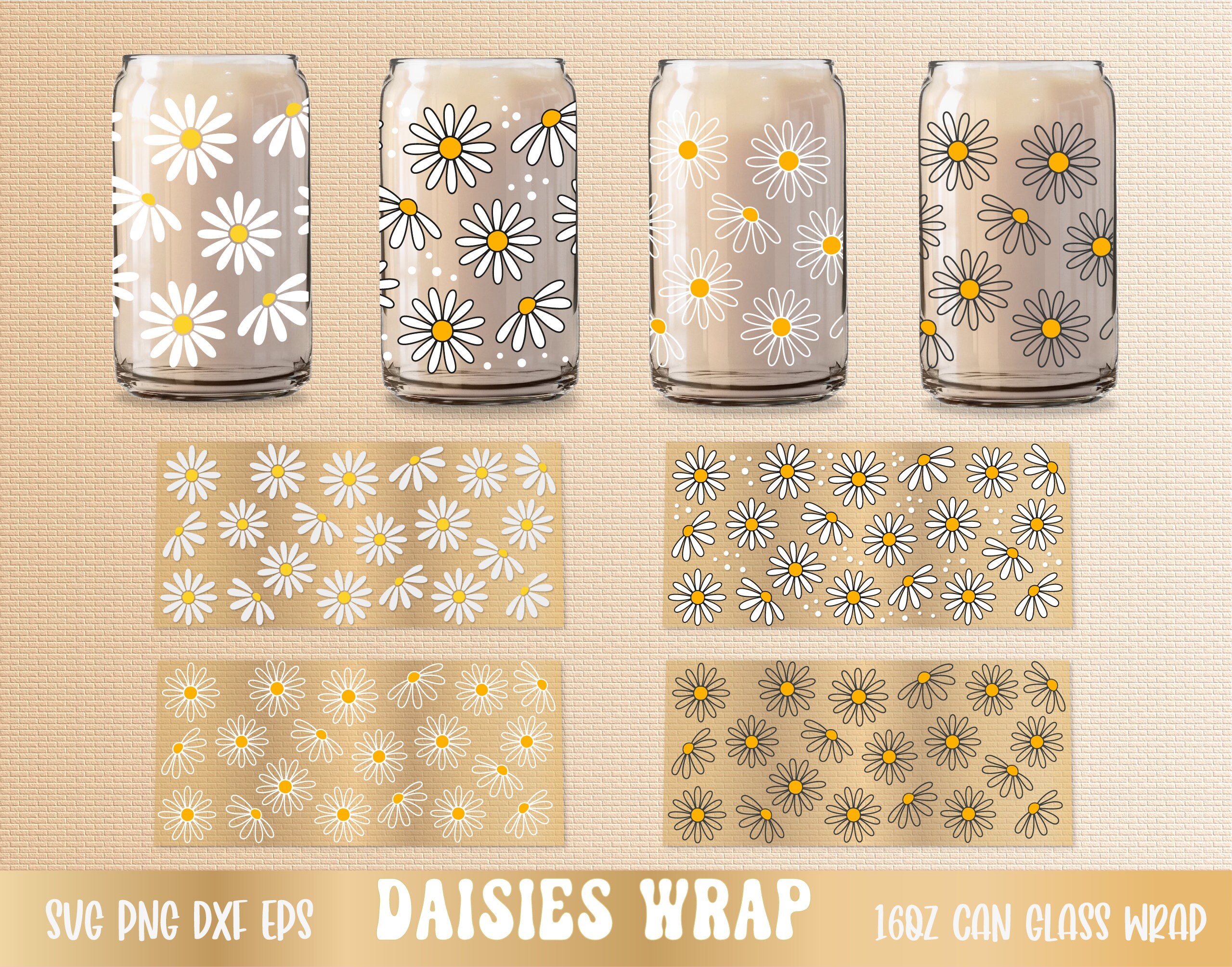 SVG PNG Daisy Flowers, Libbey Glass Can Wrap 16oz, Layered Svg ...