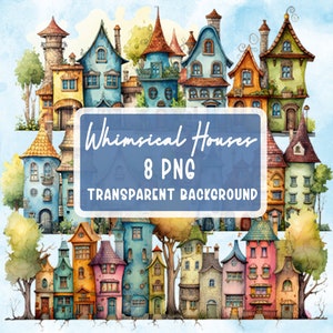 Imágenes prediseñadas de casas extravagantes en acuarela, 8 PNG, casas coloridas de dibujos animados de fantasía caprichosa, álbum de recortes, diario basura, manualidades de papel, uso comercial