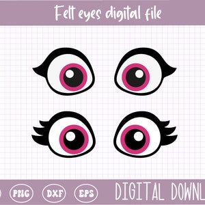Puede incluir: Cuatro ojos de fieltro con pupilas negras e iris rosas. Dos ojos tienen pestañas.  Archivo digital de ojos de fieltro. SVG PNG DXF EPS DESCARGA DIGITAL