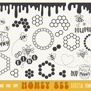 May include: A set of black and white honey bee themed digital clipart. The set includes honeycombs, bees, jars of honey, and the words "Hunny" and "Be Kind".