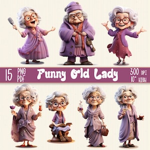 15 png grappige vrolijke oude dame clipart, aquarel cartoon oma, blije oude vrouw, oma's illustraties, oma cadeau, oude dames png