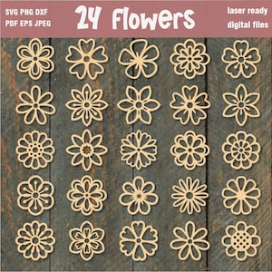Può includere: Ventiquattro disegni floreali digitali pronti per il laser in vari stili. I fiori sono tagliati da un materiale di colore chiaro e disposti su uno sfondo scuro con venature del legno. Il testo in alto recita "24 Flowers".