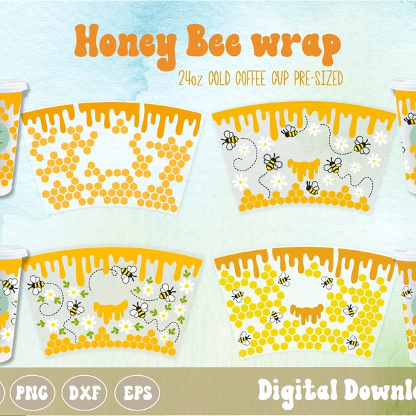 SVG PNG Honey Bee Starbucks paquete de diseño, Honeycomb, Bumblebee Cold Coffee cup Wrap, svg en capas, sublimación png, archivo cortado, uso comercial