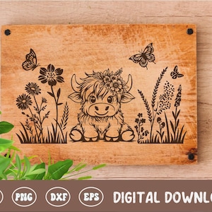 Baby Highland Cow Board SVG, Cottagecore snijplank digitaal bestand, snijplank ontwerp, hout lasergravure bestand voor keukeninrichting