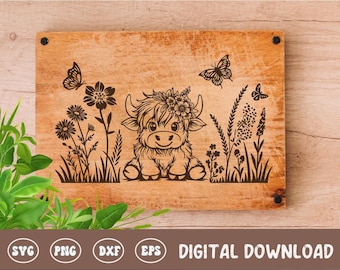 Baby Highland Cow Cutting Board SVG, Cottagecore Laser Engraving File (Digital File)