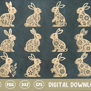 Ensemble de lapin de Pâques SVG PNG, silhouette de lapin de printemps, lapin et papillon, sublimation, cricut, silhouette, fichiers découpés au laser, svg glowforge