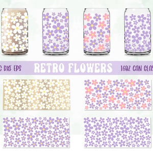 SVG PNG Retro Gänseblümchen Blumen, Libbey Glasdosenverpackung 16 Unzen, Schicht-Svg, Sublimationsdatei png, Glasdosenblumen Schnittdatei, Retro-Gänseblümchen-Designverpackung