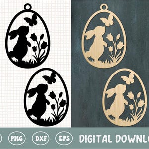 Paquete SVG de huevos de Pascua cortados con láser, adornos de conejito SVG, etiquetas para huevos de Pascua, colgador SVG de Pascua, conejito de Pascua, decoración floral de Pascua, conejo de Pascua
