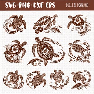 Może przedstawiać: Grafika do pobrania cyfrowego przedstawiająca dziewięć brązowych wzorów żółwi morskich. Każdy żółw jest przedstawiony ze skomplikowanymi wzorami skorupy i jest otoczony falami, kwiatami lub dekoracyjnymi wirami. U góry obrazu znajduje się tekst "SVG PNG DXF EPS" i "POBRANIE CYFROWE."