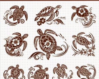 May include: A digital download graphic featuring nine brown sea turtle designs. Each turtle is depicted with intricate shell patterns and is surrounded by waves, flowers, or decorative swirls. The top of the image includes the text "SVG PNG DXF EPS" and "DIGITAL DOWNLOAD."