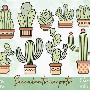 Lot de cactus PNG SVG dans des pots, succulentes en pot, cactus dessinés à la main, sublimation, fichiers de coupe cricut en couches, silhouette, usage commercial