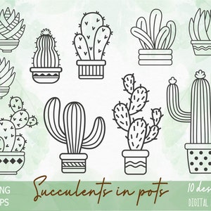 Lot de cactus PNG SVG dans des pots, succulentes en pot, clipart doodle dessinés à la main cactus, sublimation, fichier de coupe cricut, silhouette, usage commercial