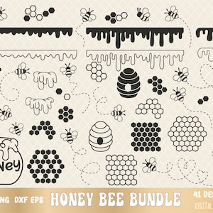 SVG PNG Honey Bee bundel, honingraat, druipende honing SVG, vliegende bij, honingpot, bijenkorf, gelaagde SVG, sublimatie PNG, cricut, silhouet