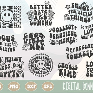 Lot de citations groovy inspirantes positives de PNG SVG, lot de citations groovy positives pour la santé mentale, bonnes vibrations, choisissez le type, usage commercial, svg à la mode