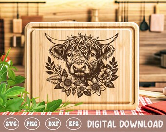 Highland Cow Board SVG, Cottagecore Cutting Board Digital File, Cutting Board Design, Wood Laser Engraving File For Kitchen Decor