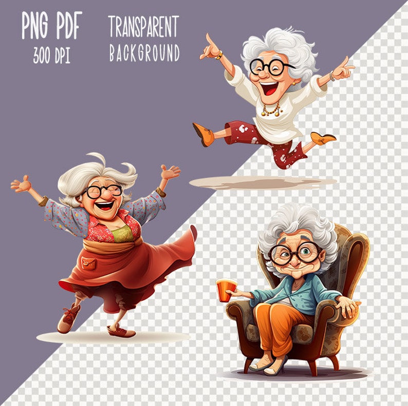 27 PNG Lustige fröhliche alte Dame Clipart, Aquarell Cartoon Oma