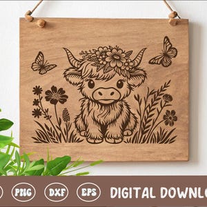 Tagliere in formato SVG con mucca delle Highlands, file digitale per tagliere in stile fattoria, design per taglieri, file per incisione laser su legno per decorazioni da cucina