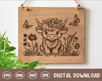 Baby Highland Cow Board SVG, Farmhouse Cutting Board Digital File, Cutting Board Design, Wood Laser Engraving File For Kitchen Decor