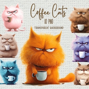 10 cliparts de chat de café PNG, drôles de chats grincheux, fond transparent, cadeau pour les amoureux des chats, maman chat, imprimable, sublimation, usage commercial