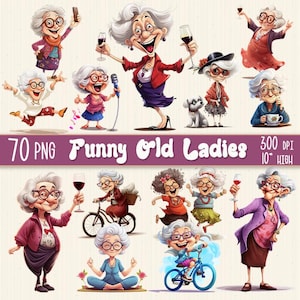 70 PNG lustige fröhliche alte Dame Clipart, altes Paar, fröhliche Frau, Oma Clip Art, Großmutter Geschenk, glückliche alte Damen, mürrische alte Frau