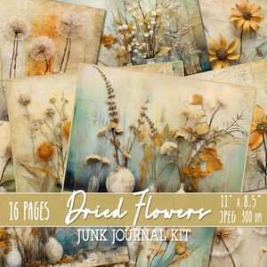 16 páginas de Junk Journal, flores e plantas secas, fundos eco-tingidos, colagem digital, páginas vintage de scrapbook grunge, papel eco-tingido