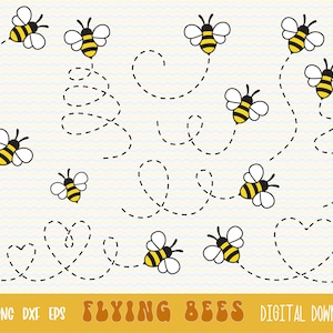May include: A digital download of 10 black and yellow bee illustrations with dashed lines showing their flight paths. The text "FLYING BEES" is in orange and yellow letters. The text "DIGITAL DOWNLOAD" is in black letters.