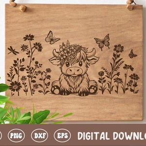 Baby Highland Cow Board SVG, Cottagecore snijplank digitaal bestand, snijplank ontwerp, hout lasergravure bestand voor keukeninrichting