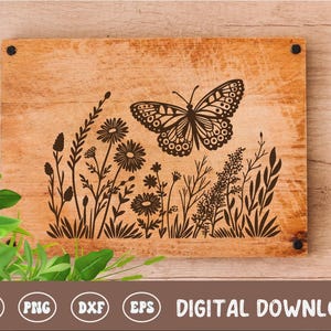 Wilde bloemen en vlinder bord SVG, Cottagecore snijplank digitaal bestand, snijplank ontwerp, hout lasergravure bestand, keukendecor