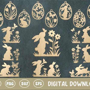 Paquete SVG de huevos de Pascua cortados con láser, adornos de conejito SVG, etiquetas para huevos de Pascua, colgador SVG de Pascua, conejito de Pascua, decoración floral de Pascua, conejo de Pascua