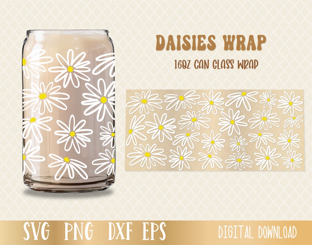SVG PNG Hand Drawn Daisy Flowers, Libbey Glass Can Wrap 16oz, Layered ...