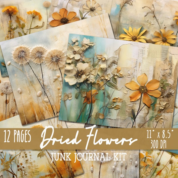 12 Junk Journal pages, dried flowers and plants, eco-dyed backgrounds, digital collage, Vintage Scrapbook Grunge Pages, Eco died Paper