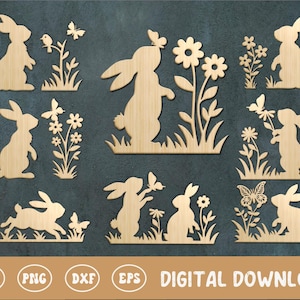 Ensemble de lapin de Pâques SVG PNG, silhouette de lapin de printemps, lapin et papillon, sublimation, cricut, silhouette, fichiers découpés au laser, svg glowforge