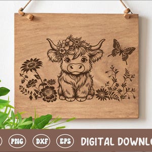 Baby Highland Cow Board SVG Cottagecore Cutting Board Digital File Kitchen Decor Wood Engraving File Glowforge File Farmhouse Kitchen Art