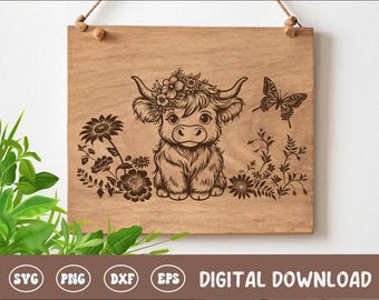 Baby Highland Cow Board SVG Cottagecore Cutting Board Digital File Kitchen Decor Wood Engraving File Glowforge File Farmhouse Kitchen Art