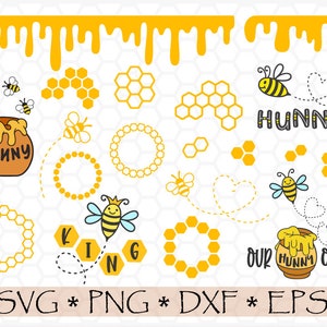 SVG PNG Cartoon Honey bee Bundle, Favo, Miele che gocciola, Ape volante, Vaso Honey Hunny, Silhouette svg, sublimazione png, file tagliati