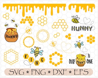 SVG PNG Cartoon Honey bee Bundle, Honeycomb, Dripping Honey, Flying bee, Honey Hunny pot, Silhouette svg, sublimation png, cut files