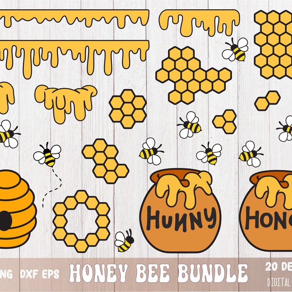 SVG PNG Cartoon Honey bee Bundle, Honeycomb, Dripping Honey, Flying bee, Honey Hunny pot, Bee hive, layered svg, sublimation png, cut files