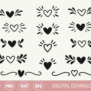 Paquete de elementos de diseño SVG PNG, Acentos SVG, Corazones decorativos dibujados a mano, sublimación, archivo de corte Cricut, silueta, comercial