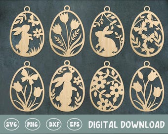 Ostereier Laser Cut SVG Bundle, Hase Ornamente SVG, Osterei Tags, Oster Aufhänger SVG, Osterhase, Ostern Blumendekor, Osterhase